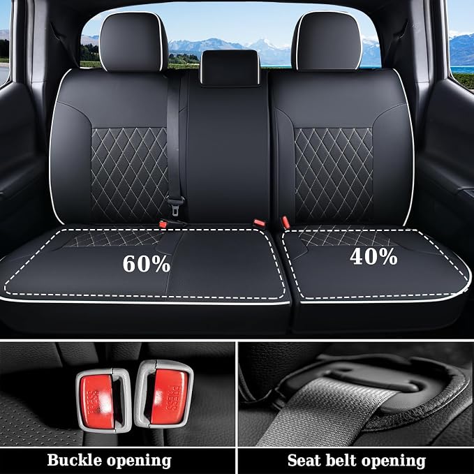 Coverado Tacoma Seat Covers Full Set, Faux Leather Seat Covers Custom Fit for 2016-2023 Toyota Tacoma Double/Crew Cab Base Prerunner SR5 Limited TRD Sport Interior Covers (White Line) - Image 6