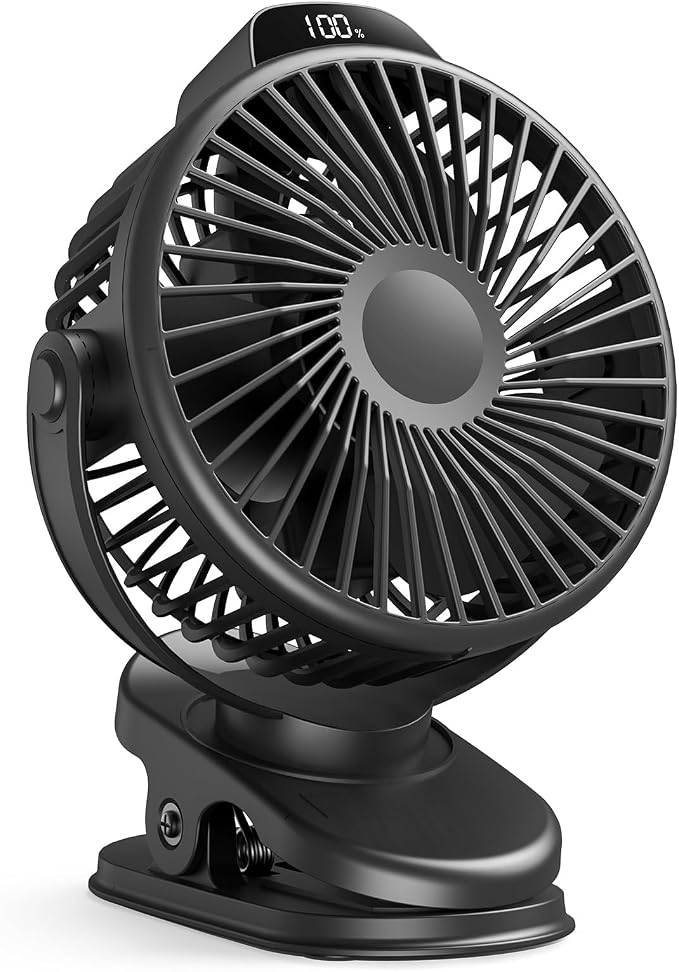 Koonie Portable Clip On Fan, Small Rechargeable Battery Operated, 3 Speeds | Mini Clamp Fan With LED Display, 360° Rotate Personal Cooling Desk Fan for Stroller Bed Travel Camping Golf Gym by Koonie