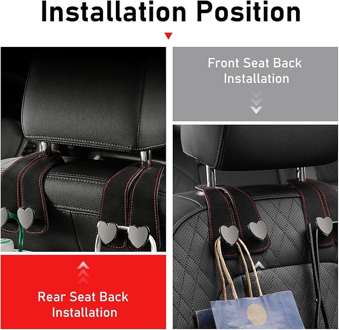 2 PCS Car Seat Headrest Hooks, Cute Heart Shape Purse Hook, Suede Seat Back Storage Hanger, Multifunctiona Car Accessories for Women (Black) - Image 7