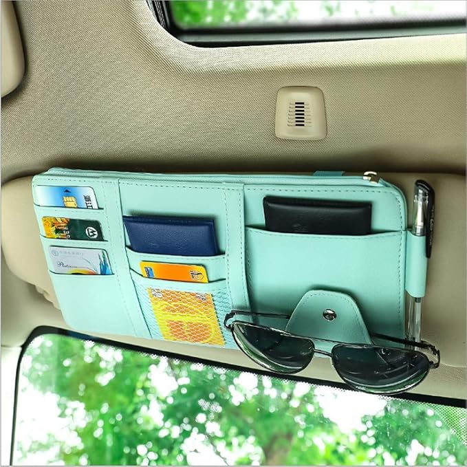 Blue Car Sun Visor Organizer, Lightweight Travel Document Visor Pocket | Visor accessories multi-slot design stores docs, cards & sunglasses, slim fits all vehicles without obstructing sight by SEMBEM