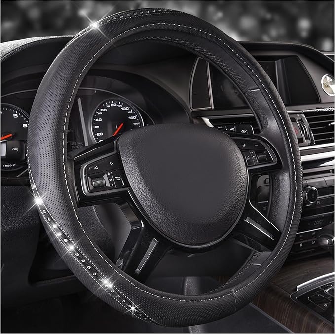 CAR PASS Bling Diamond Black Leather Steering Wheel Cover, Studded Crystal Rhinestones Universal Fit 14" 1/2-15" Glitter for Women Sparkle Girl Fit Suvs,Vans,Sedans,Car,Trucks, Silver Diamond by CARPASS