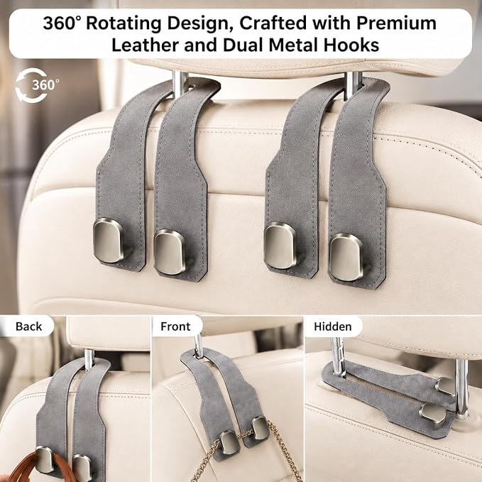2 Pack Car Headrest Hooks, Dual Metal Hooks, Stylish Gray | Premium leather with dual metal hooks and anti-drop design. Holds purses, bags, coats, and groceries securely. - Image 3