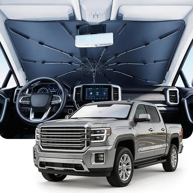 DMJN Umbrella Windshield Sun Shade for GMC Sierra 1500 2500 3500 (2014-2026), Car Sunshade for Front Windshield [Nano Ice-Crystal Coatings] UPF50+ Heat & UV Block, Protect Interior & Keep Cooler by DMJN