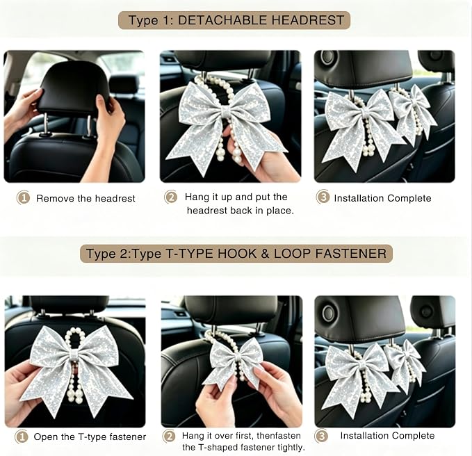 2 Pack Pearl Car Seat Headrest Hook with Bow & Sequin/Leopard/Polka Dot Design – Cute Purse Hanger for Vehicle,Grocery Bags, Umbrellas, Seat Back Organizer for Women (Silver Sequins) - Image 6