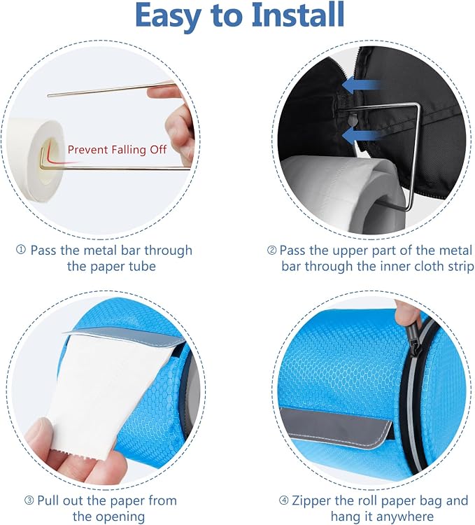 kakaforsa Hanging Toilet Paper Holder, Cat Proof, Water-Resistant, Blue | Portable roll paper case for camping, Bathroom, RV Car Travel, with zippered cover and hanging strap - Image 3
