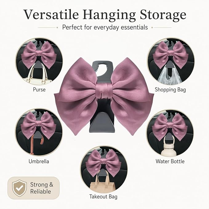 2-Pack Cute Bow Car Purse Hooks, Headrest Hangers, Leather pink | Cute bow hooks keep purses and bags organized within reach while saving space; fits most car headrests - Image 3