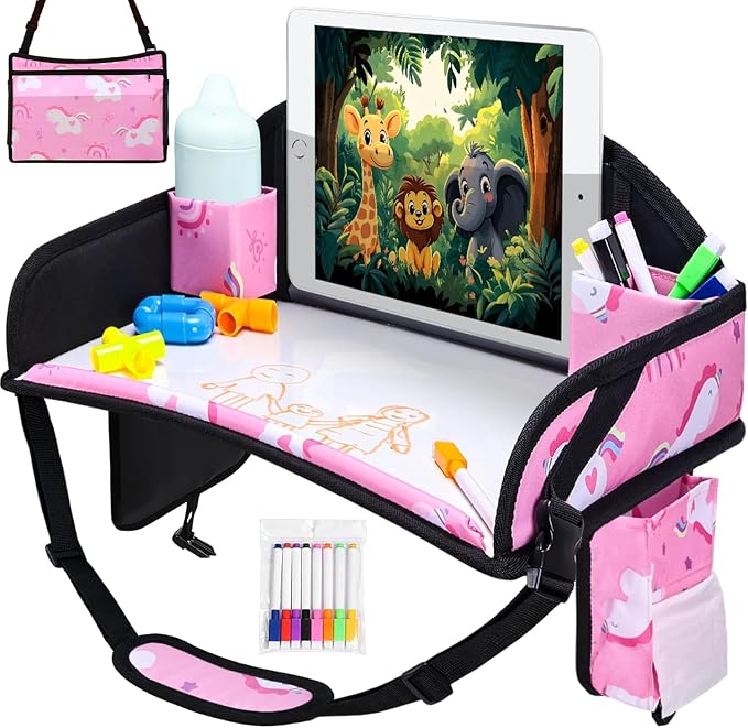 Kids Travel Tray for Toddler Car Seat, Road Trip Activities for Kid | Toddler Car Activities with iPad Holder Stand, Roadtrip Essentials with Dry Erase Board & Cooler Cup Holder, 2PC - Image 5