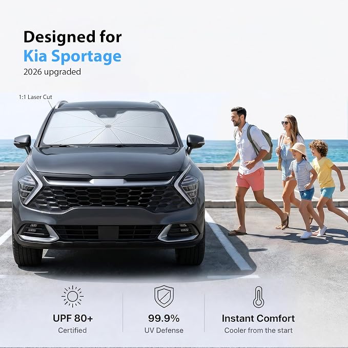2026 Upgraded Windshield Sun Shade Umbrella for Kia Sportage [Precision Custom Fit, Superior UV & Heat Block] Cooling Tech Fabric, Durable Foldable with Storage Bag, Fits 2000-2002, 2005-2026 - Image 2