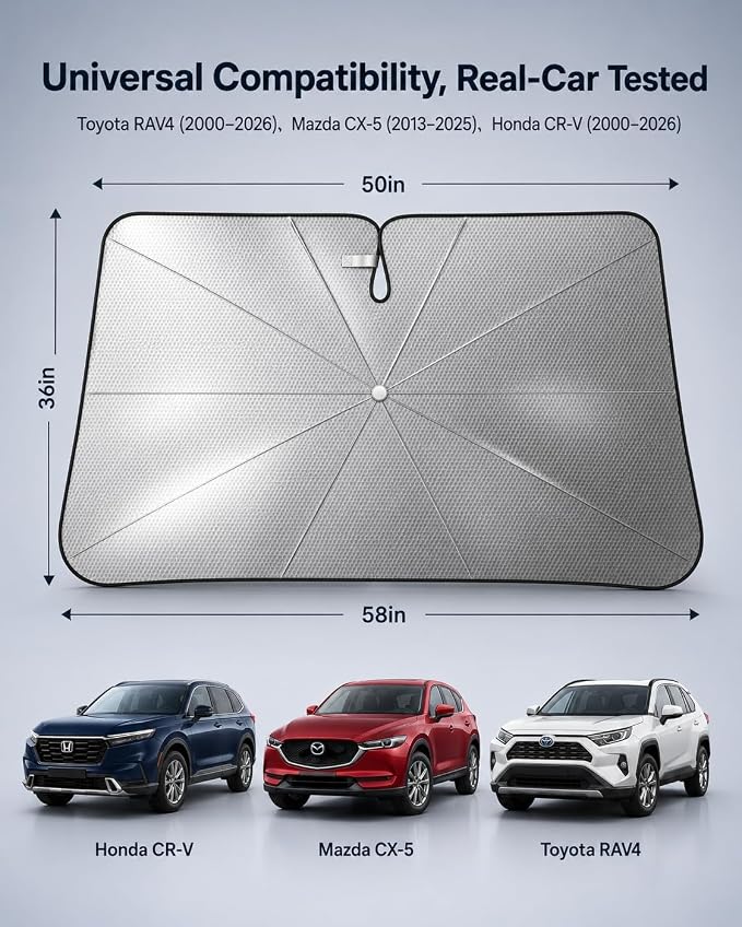 Zanch Windshield Sun Shade Umbrella for Toyota RAV4, Mazda CX-5, Honda CR-V | [99% UV Protection, Up to 75℉ Cooler] Snug Fit, scratch-free, Sturdy Frame, Foldable Front Sunshade Umbrella for SUV - Image 8