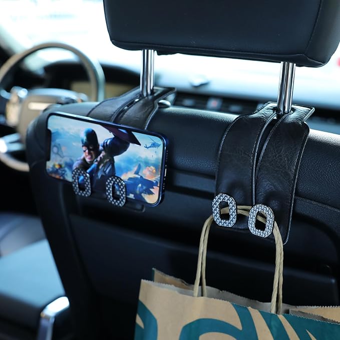 Car Headrest Hooks Universal Car Purse Hook Premium Leather and Alloy Twin Hook Car Seat Back Storage Hanger Hook for Purse Bags Cloth Drink Durable Holder Car Accessories (BH09-Black-Black-4 Pcs) - Image 3