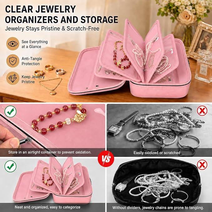Fireproof Travel Jewelry Organizer Case with Lock & 6 Binder Pages | Silicone-Coated Fiberglass, Tangle-Reducing Layout Clear Storage Book for Necklaces Earrings Rings Bracelets-Bag Only Pink - Image 5