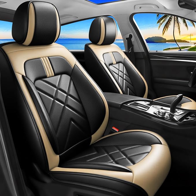 Optima Car Seat Covers Fit for Kia Optima 2002-2020, Premium Full Coverage Leather Automotive Seat Protectors, All Seasons Waterproof Breathable, Airbag Compatible, Front Seats, Black Beige by Unknown
