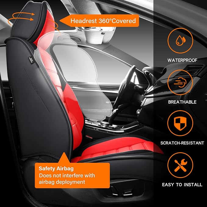 MINGBRON Front Car Seat Covers, Leather Car Seat Covers, Fit for Most Cars SUV and Most Sedan Red - Image 7