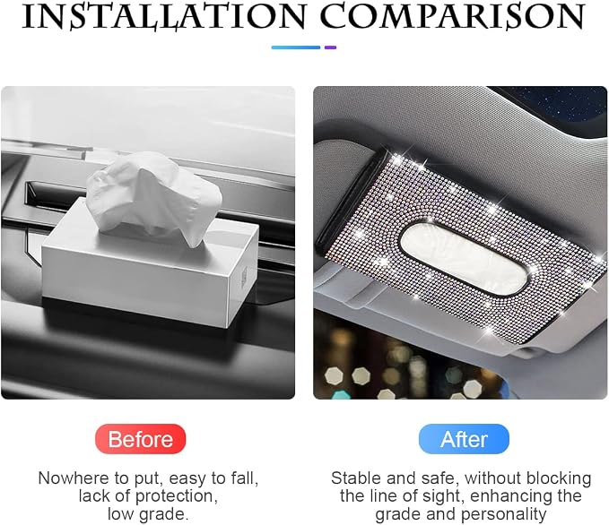 Bling Car Sun Visor Tissue Box Holder, Rhinestone PU Leather Crystal Sparkling Napkin Holder, Backseat Paper Towel Cover Case Car Accessories for Women (Multicolor) - Image 4