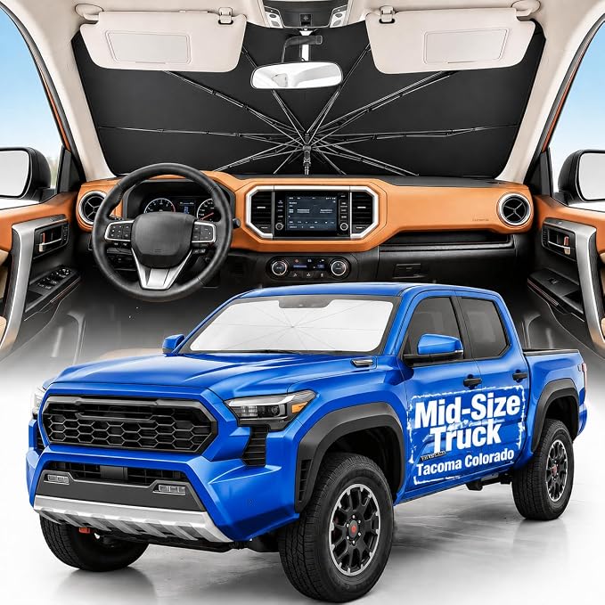 Weektic Truck Windshield Sun Shade Umbrella for 4runner Tacoma Colorado/Canyon - Double Thickened Ice Crystal Coating, Sun & Heat Protection, Keep Vehicle Cool & Protect Interior by Weektic