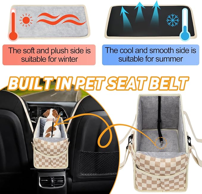 Console Dog Car Seat for Small Dogs, Foldable Booster Seat, Khaki Checkered | Portable Booster Seat Sits On Car Console/ Armrest. Foldable for Easy Storage. for Center Console, Easy To Clean. - Image 6