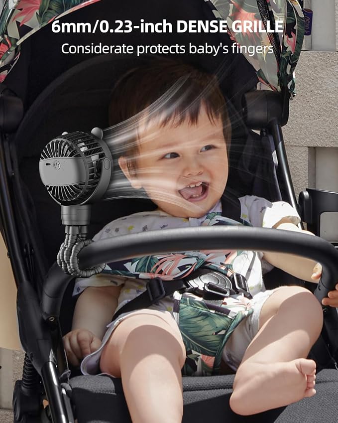 buywoo Portable Stroller Mini Fan, Small Rechargeable Personal Cooler w/ 360° Rotation, Baby Essentials for Car Seat, Crib, Bike, Treadmill, 3-Speed Battery Powered Stroller Accessories, Coal - Image 2