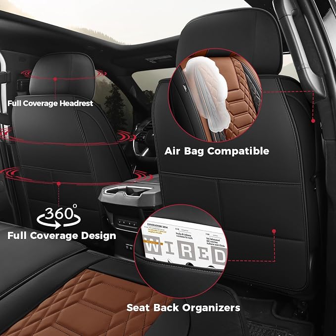 FREESOO Custom Leather for Toyota Tundra Seat Covers 2007-2013 Crewmax Cab | Fit for Crewmax Cab 5 Seats, Full Set, 60/40 Split Bench, Faux Leather, for Truck Toyota Tundra Accessories, BlackBrown - Image 7