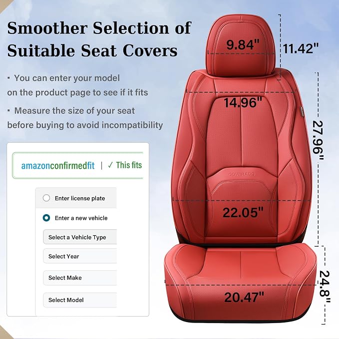 Coverado Seat Covers, Car Seat Covers Front Seats, Premium Nappa Leather Seat Covers for Cars, Waterproof Car Seat Protector with Lumbar Support, Front Seat Covers Universal Fit for Most Cars (Red) - Image 7
