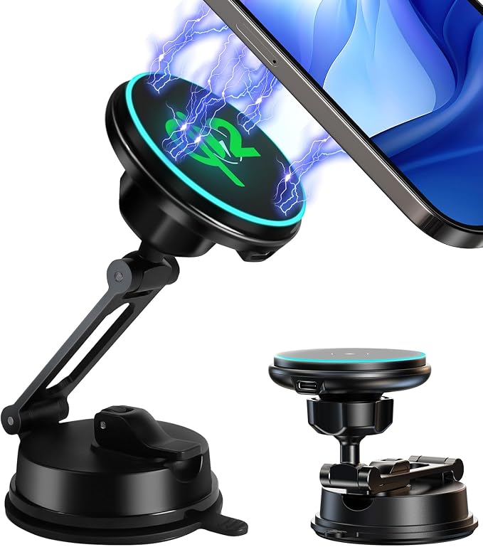 Certified Qi2 Car Phone Mount Charger for MagSafe, 360° Adjustable & Folding Arm, Universal Dashboard Windshield Mirror Screen Magnetic Holder for Tesla Model 3/Y Accessories & iPhone 17/16/15 Pro Max by AREDAN