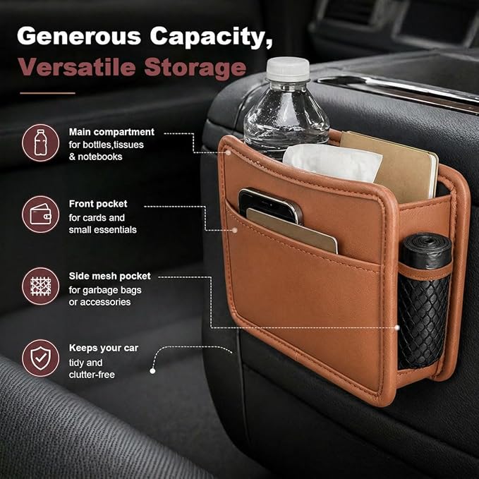 Car Seat Side Pocket Organizer, Leather Sewn Multifunctional Automotive Trash Bag, Small Vehicle Door Pouch for Cell Phone, Key, Wallet, Sunglasses (Brown) - Image 5