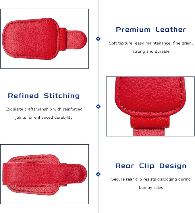 Sunglass Holder for Car, Magnetic Leather Glasses Holder Auto Ticket Card Clip, Sun Visor Eyeglass Hanger Interior Accessories for Sedan Truck SUV, Car Accessories (Red) - Image 3