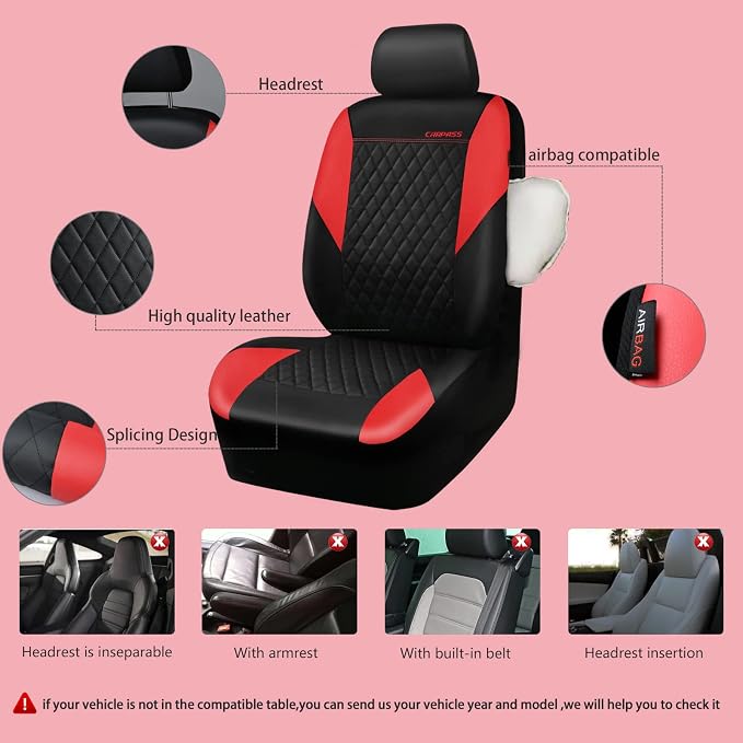 CAR PASS Red Leather Seat Covers Full Set-Universal Quilting Pretty Girly Car Seat Cover with 5mm Composite Sponge Inside,Airbag Compatible, Waterproof Delux Fit for Most Sedan,SUV,Cars (Full Set,Red) - Image 3