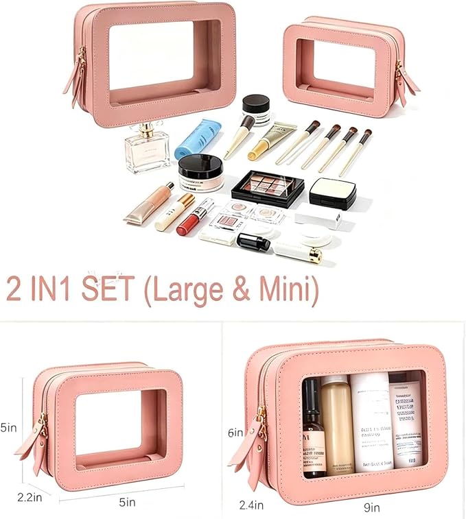 KOTORA Clear Makeup Bag Set for Women Portable Clear Make up Bag Cute Waterproof Travel Cosmetic Case Toiletry Pouch for Car Essentials for Women Girls (Pink) - Image 3