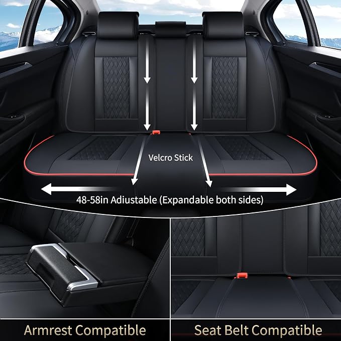 Seat Covers, Car Seat Covers Full Set, Luxury Nappa Leather Seat Covers, Breathable and Waterproof Car Seat Protector 5 Seat, Automotive Seat Covers Universal Fit for Most Cars-BlackRedline - Image 3