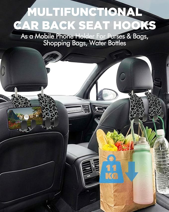 WOCOCN Purse Holder for Car, 2 Pack Heavy Duty Purse Hanger for Car,Leopard | PU Leather Car Seat Hooks for Purses and Bags, Cute Floral Headrest Organizer for Handbags & Backpacks - Image 2