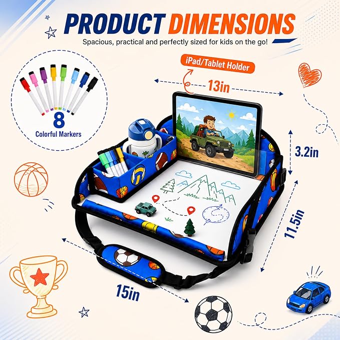 Kids Travel Tray for Car Seat, Toddler Car Seat Activity Tray, Kids Carseat Lap Table, Road Trip Essentials for Airplane, Lap Desk for Kid Roadtrip Activities, Sports Balls - Image 6