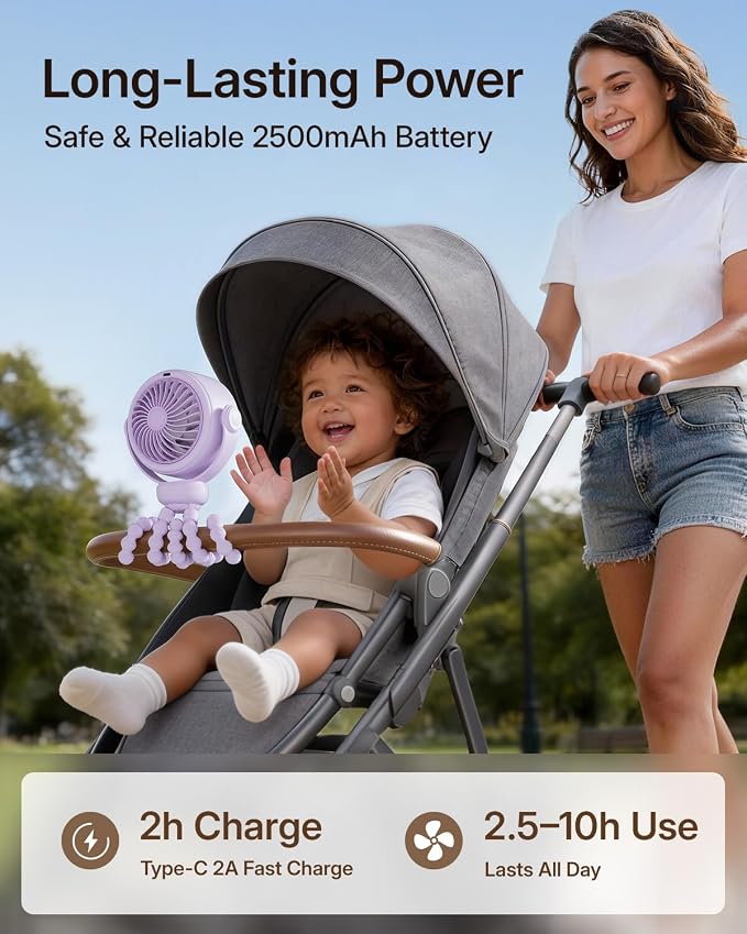 SWEETFULL Portable Stroller Fan, Pinch-Proof Baby Fan - Purple | Wide Turbine Airflow; Safe Design; LED Display; 5-Speed; 30dB Quiet; USB-C Rechargeable; Mini Clip On Fan for Car Seat & Bed - Image 4