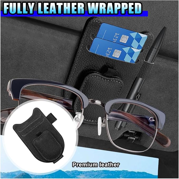 2PCS Magnetic Sunglass Holder for Car Sun Visor (Black) | Leather Vehicle Glasses Eyeglass Mount & Ticket Card Clip, Auto Interior Visor Accessories, Universal for Car SUV Truck - Image 3