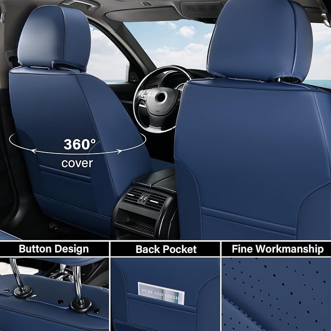 Coverado Car Seat Covers Full Set, Nappa Leather Seat Covers for Car, Waterproof Car Seat Protector with Lumbar Support, Automotive Seat Covers Universal Fit for Most Cars SUV Trucks (Blue) - Image 3