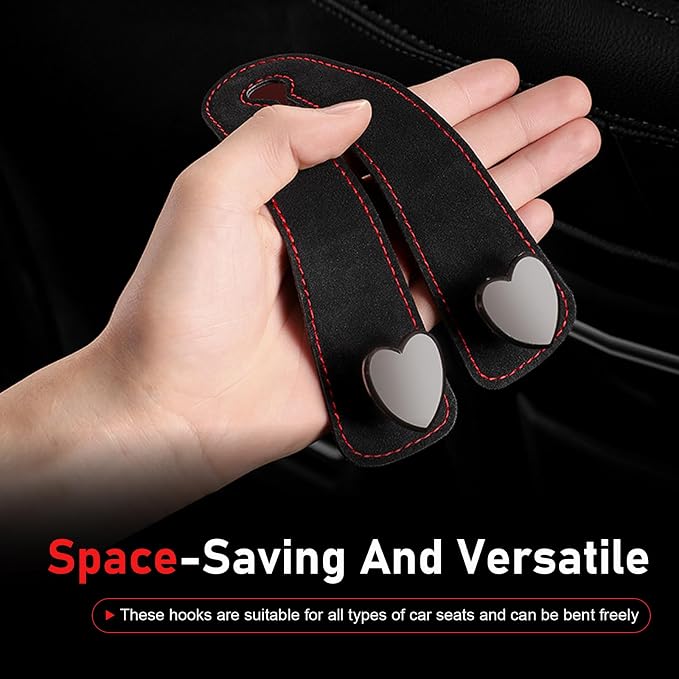 2 PCS Car Seat Headrest Hooks, Cute Heart Shape Purse Hook, Suede Seat Back Storage Hanger, Multifunctiona Car Accessories for Women (Black) - Image 3