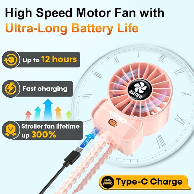 AMTIFO Pink Stroller Fan - USB Rechargeable, Quiet Cooling, 4 Adjustable Speeds, Portable Baby Fan for Strollers, Car Seats, Nurseries, Outdoor Use, Long-Lasting Battery - Image 4