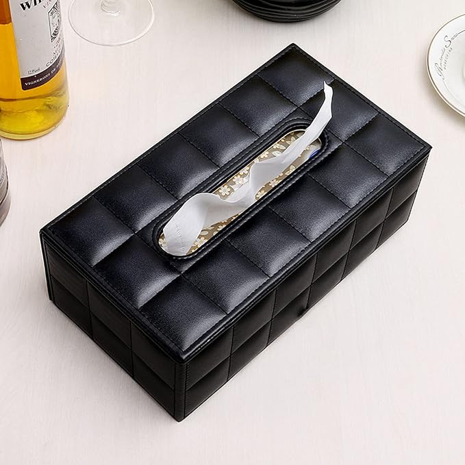 High-end Fashion PU Leather Tissue Box Holder Business Black, Rectangular Napkin Holder Drawer Paper Dispenser, Home Office Car Tissue Holder with Magnetic Bottom (Black Checkered) - Image 4