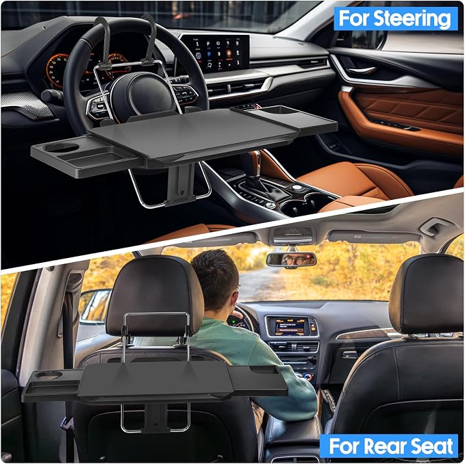 Large Car Steering Wheel Tray Back Seat Headrest Steering Wheel with Phone Holder Desk Food Table for Eating Food and Writing Work, Car Desk Laptop Mount Gifts for Father Truck Driver(3 in 1) - Image 2