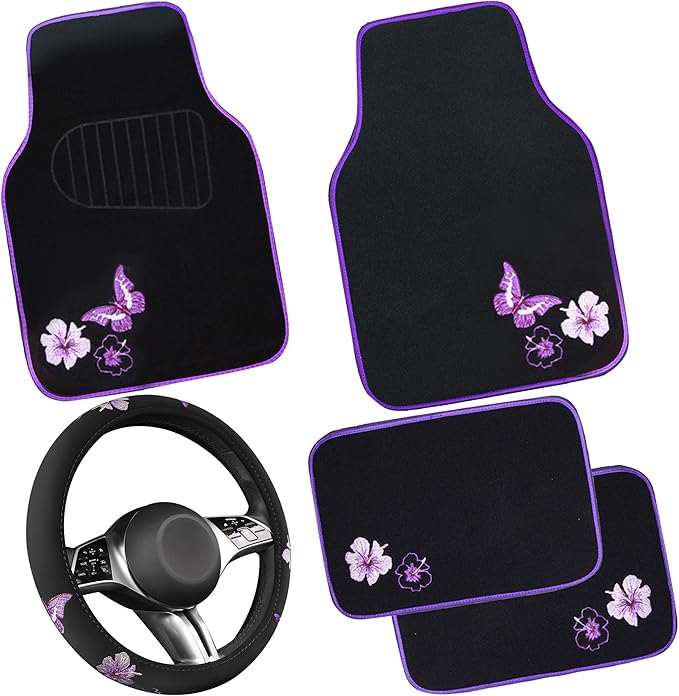 CAR PASS Butterfly Steering Wheel Cover and Waterproof Car Floor Mats,Purple Car Mats 14.5-15inch Steering Wheel Covers Universal Fit for Suvs,Sedans Cars,for Women Girl(Black and Purple) by CARPASS