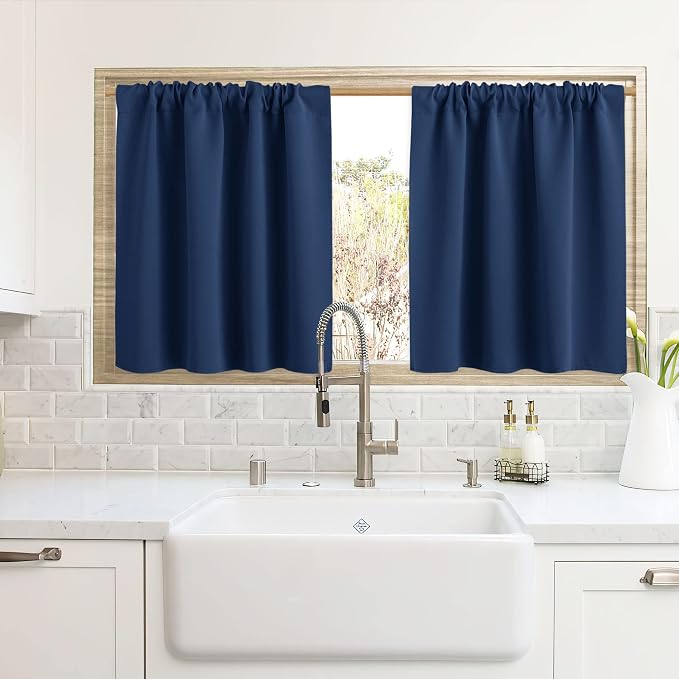 RYB HOME Cafe Blackout Curtains 24 inch Length for RV Camper Kitchen Window | Temperature Regulating, Light UV Blocking, Privacy Protection, Short Small Half Window Tiers, W42 x L24, Navy Blue, 2 Panels by RYBHOME