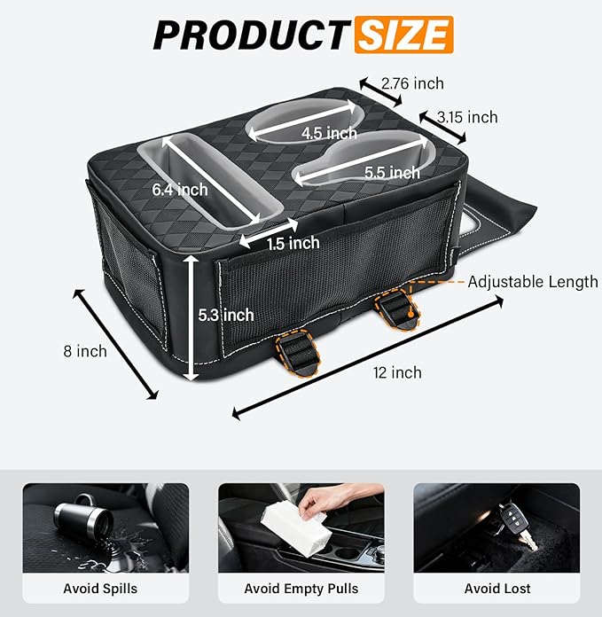 Universal Car Center Console Cup Holder Organizer Armrest Storage Box | with Bottle Holder & Tissue Slot & Side Pockets, Car Back Seat Truck Boat Couch Sofa Organizer PU Leather - Image 6