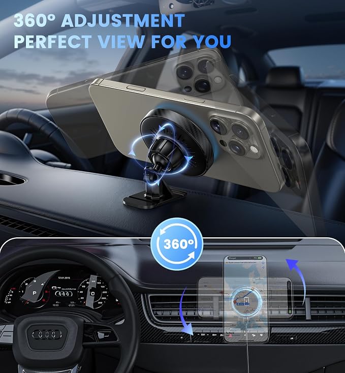Magnetic Car Charger Mount 15W for iPhone 17-12 Pro Max | N52 Strong Magnets, 360° Rotation, Dashboard & Vent Mount, Compatible with Magnetic Cases, Gift for Men, Black - Image 7