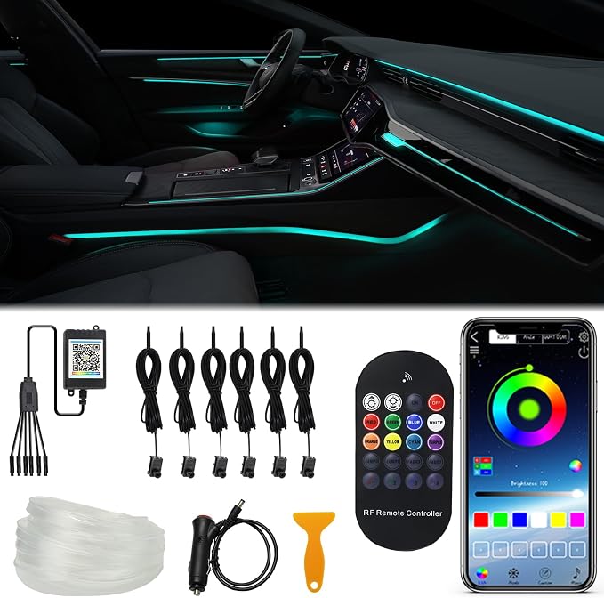 Upgraded 6-in-1 Car Ambient Lighting Kit, 315-inch Pre-Threaded Fiber Optic, APP & Remote Control, 16 Million Colors, Music Sync, High Brightness LED Interior Lights for Cars, Trucks, SUV by WEBUPAR