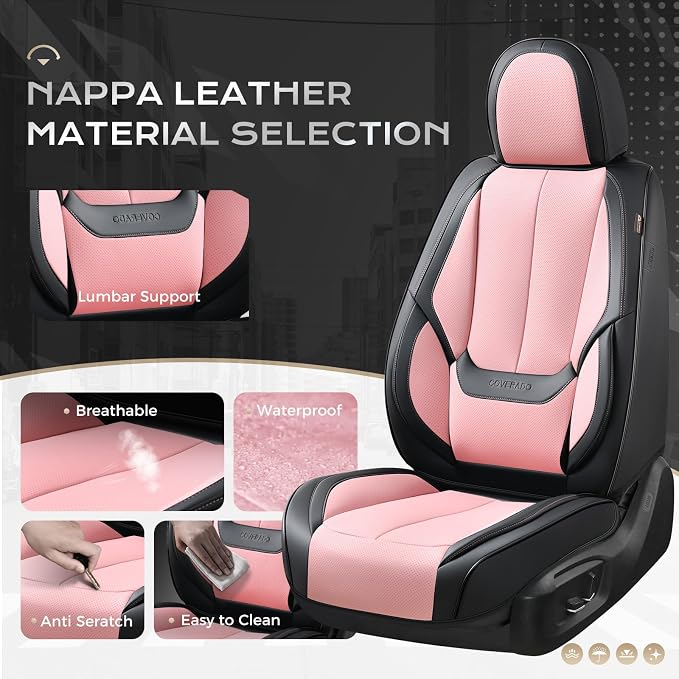 Coverado Seat Covers, Car Seat Covers Front Seats, Car Seat Cover, Car Seat Protector Waterproof, Car Seat Cushion Leather, Seat Covers Carseat Cover Universal Fit for Most Cars Black-Pink - Image 3
