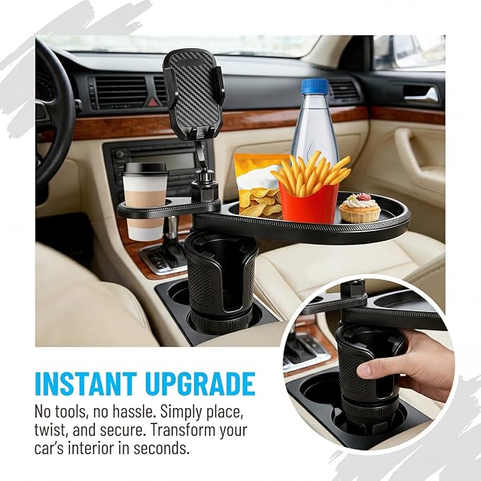 Car Cup Holder Tray, 4-in-1 Vehicle Drink Holder Expander Adapter with Phone Holder & Food Tray Table, Auto Center Console Cupholder Eating Table Organizer, Universal Fit (Carbon Fiber) - Image 5