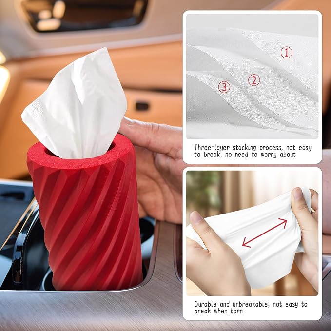 Car Tissue Holder, Refillable Round Cylinder with 3 Tissue Packs, Universal Fit for Vehicle Cup Holder, Home & Office, Car Accessories Interior (Red) - Image 6