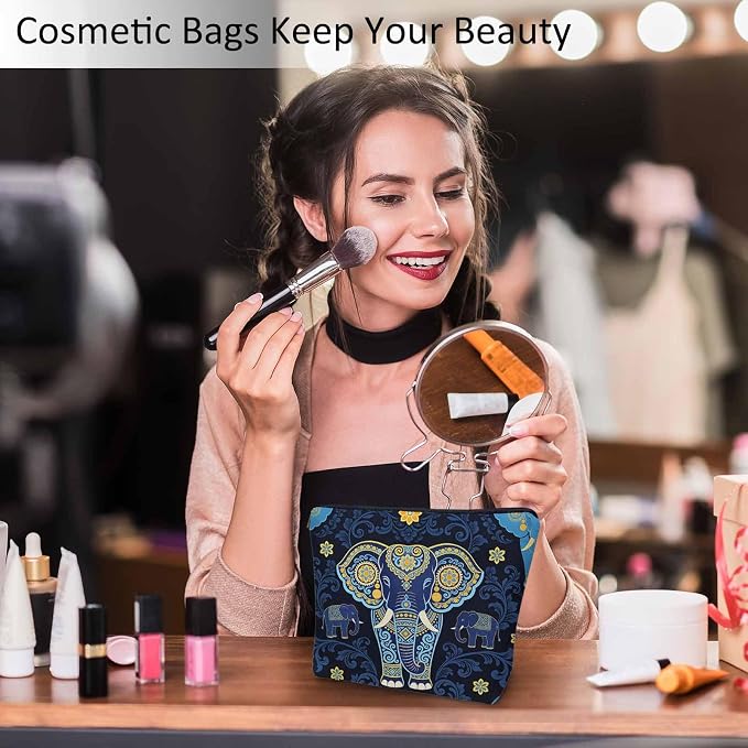 Elephant Makeup Bag - Adorable Cosmetic Bag, Day Of The Dead Sugar Skull Elephant Blue Zipper Bag Travel Toiletry Organizer Pouch For Gym Bathroom - Image 2