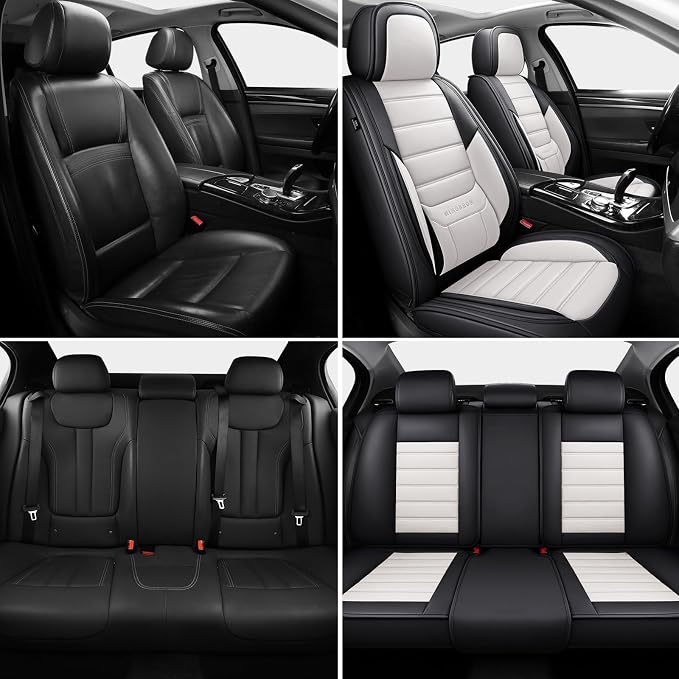 MINGBRON Car Seat Covers Full Set,Black White Car Seat Cover, Car Seat Protector Waterproof, Nappa Leather Car Seat Cushion, Fit for Most Cars - Image 3