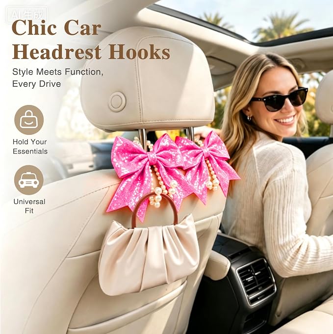 2 Pack Pearl Car Seat Headrest Hook with Bow & Sequin/Leopard/Polka Dot Design – Cute Purse Hanger for Vehicle,Grocery Bags, Umbrellas, Seat Back Organizer for Women (Rose Pink Sequins) - Image 4