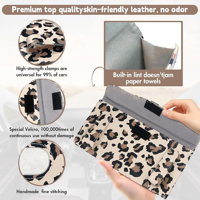 2 Pcs Sunglass Holder and 1Pcs Car Tissue Holder for Car,Magnetic Leather Sunglasses Holder Car Sun Visor Glasses Hanger Clip,Car Interior Accessories for Women(Light Brown Leopard Print) - Image 4